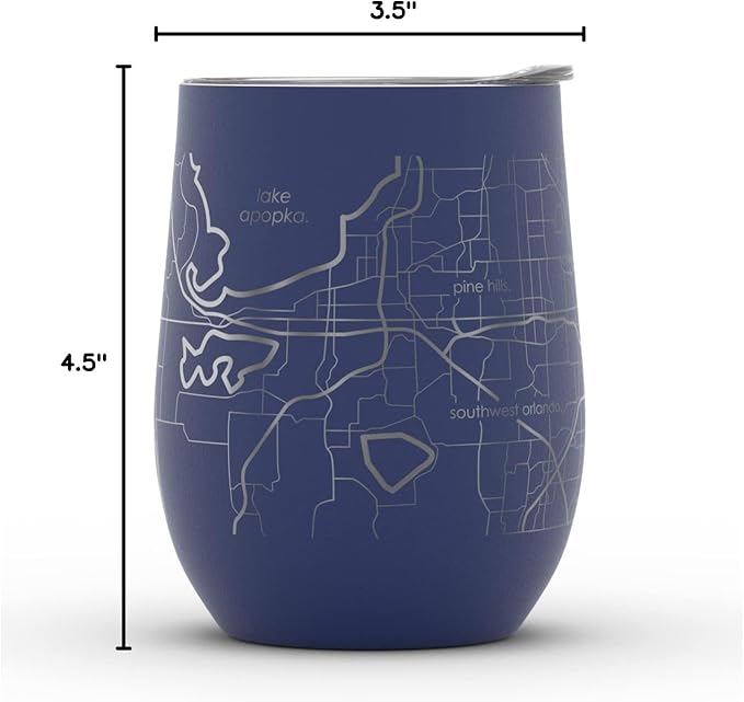 Well Told Engraved Orlando Florida Map Insulated Wine Tumbler, Etched Stainless Steel Cup (12 oz, Midnight Blue) City Map Insulated Tumbler, Custom Insulated Tumbler, Outdoor Drinkware