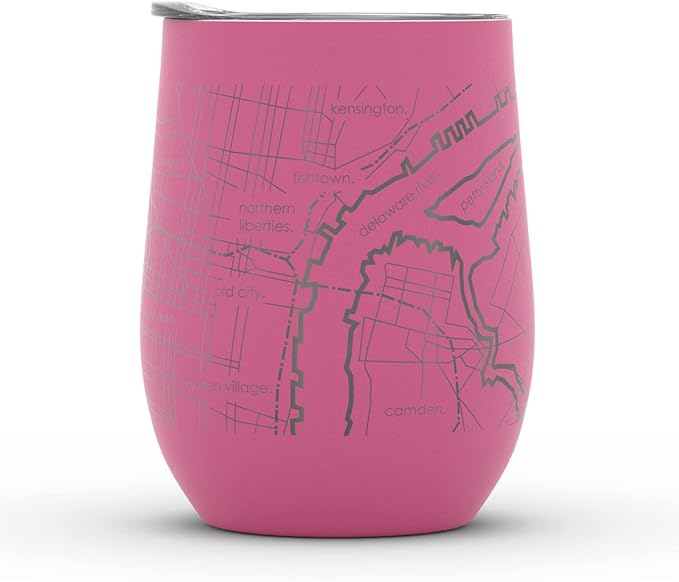 Well Told Engraved Philadelphia Pennsylvania Map Insulated Wine Tumbler, Etched Stainless Steel Cup (12 oz, Sunset Pink) City Map Insulated Tumbler, Custom Insulated Tumbler, Outdoor Drinkware