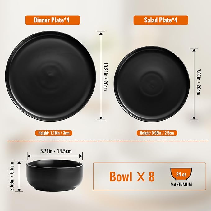 EWFEN Plates and Bowls Sets, Dinnerware Sets for 8, 24 Pieces Scratch Resistant Dishware Dishes Set, Ceramic Kitchen Dinner Set, Porcelain & Microwave and Dishwasher Safe, Black