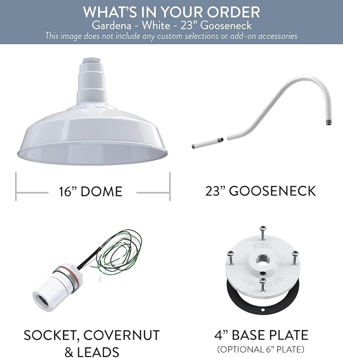 Steel Lighting Co. | Dusk to Dawn | Gardena Barn Light | Outdoor Wall Mounted | 16" Dome | 23" Gooseneck | Farmhouse Light Made in America | White Exterior/White Interior