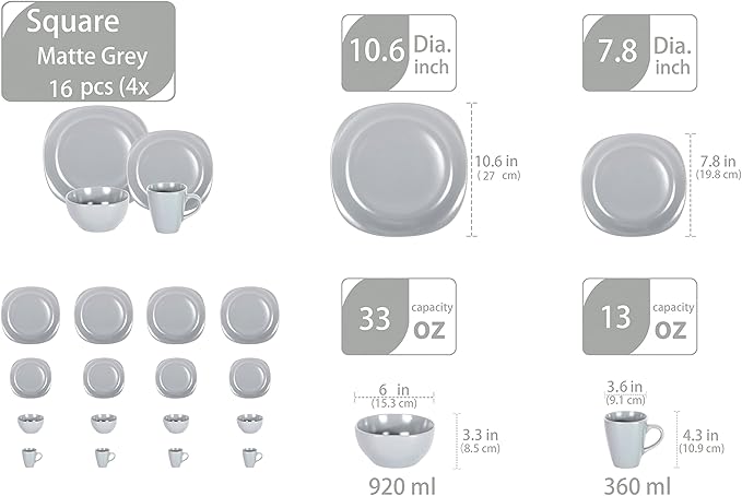 Stoneware Square 16pc Dinnerware Set, Matte Grey