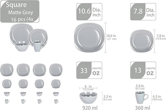 Stoneware Square 16pc Dinnerware Set, Matte Grey