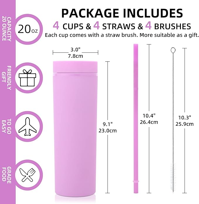 Volhoply 20oz Tumbler with Lid and Straw 8 Pack,Double Wall Plastic Skinny Tumblers Bulk,Reusable Travel Cute Coffee Mug,BPA Free Matte Acrylic Water Cups With Straw for Party,DIY Gift(Purple,8 Set)