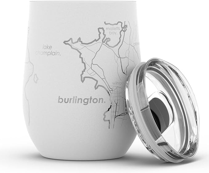 Well Told Engraved Burlington Vermont Map Insulated Wine Tumbler, Etched Stainless Steel Wine Tumbler (12 oz, White) City Map Insulated Tumbler, Custom Insulated Tumbler, Outdoor Drinkware