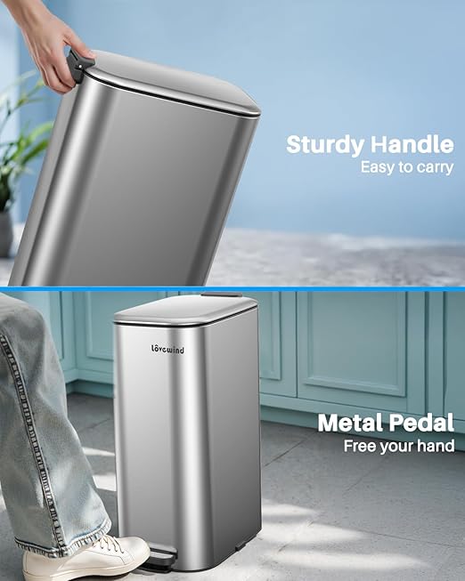 Lovewind Trash Can with Lid, 8 Gallon/30 L Footstep Garbage Can for Kitchen Bathroom Bedroom Home Office, 20 Liter Trash Bin Brushed Stainless Steel Waste Bin with Soft-Close Lid, Silver