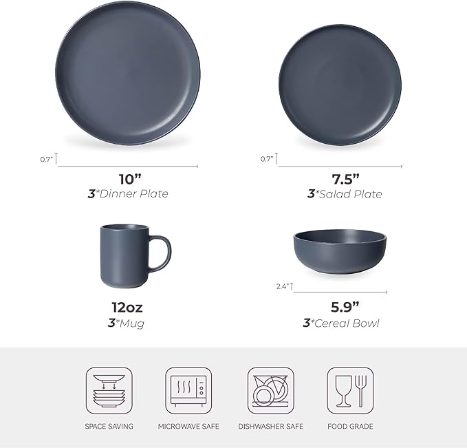 12-Piece Stoneware Dinnerware Set with Mugs | Microwave and Dishwasher Friendly | Stackable Matte Glaze Plates & Bowls | Service for 3 (Blue for 3)