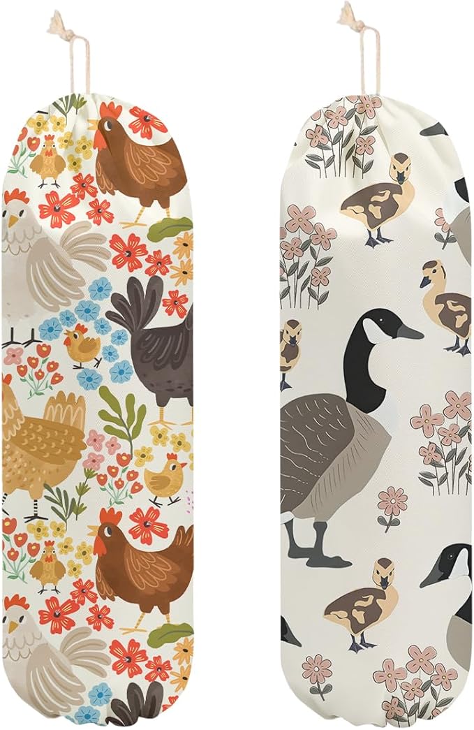 2 Pcs Chicken Plastic Bag Holder, Duck Wall Mount Plastic Bag Holders for Grocery Bags, Large Washable Grocery Bags Storage Dispenser for Home Kitchen Pantry Decor, Flowers Gifts for Women Mom