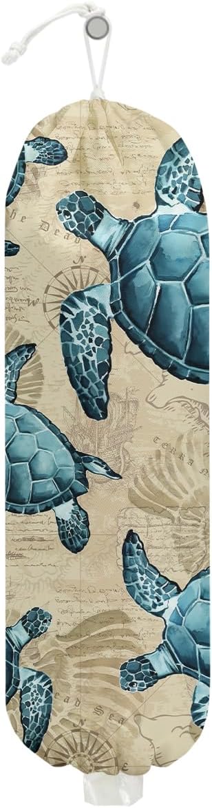 Sea Turtle Plastic Bag Holder, Wall Mount Grocery Bag Holder, Plastic Storage Bag, Sea Shell Storage Organizer Reusable Grocery Bags, Pull Rope Free Adjustment, Turtle Gifts for Women Mom Grandma