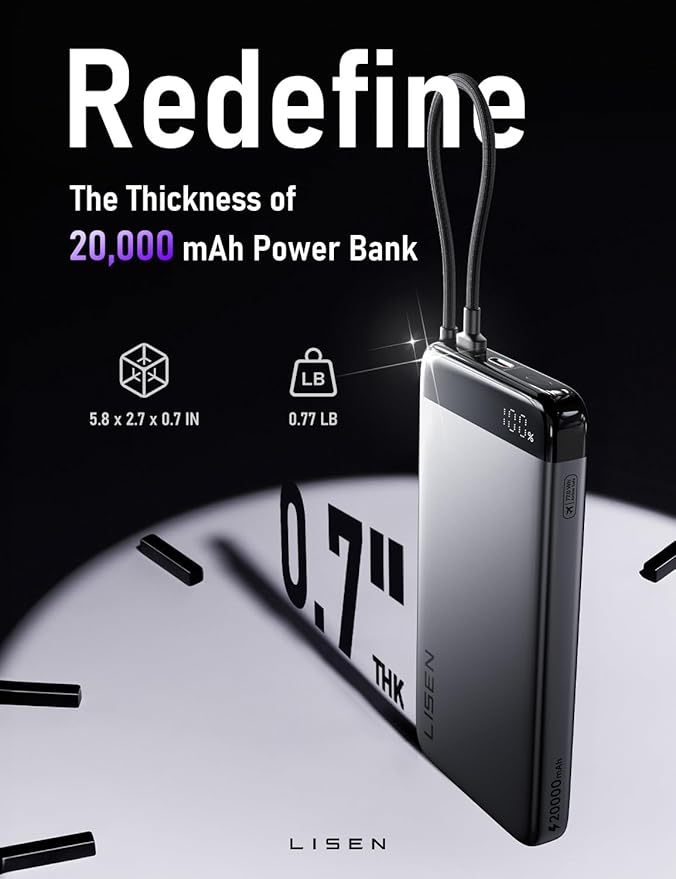 LISEN 20000mAh Power Bank Portable Charger with Built in Cable USB C, CCC Certified Travel Power Bank Fast Charging 35W Cool Tech Gifts for Men, Portable Charger iPhone 17 16 15 Samsung S25 S24 Ultra