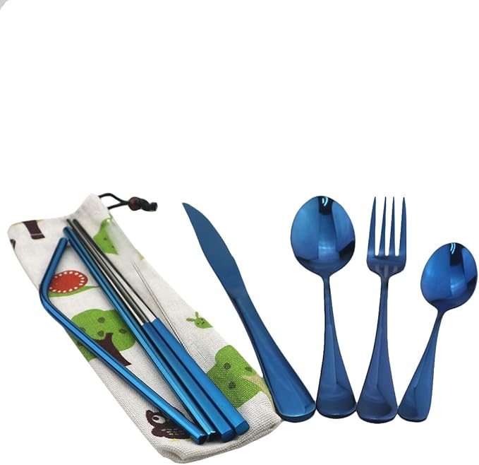 Gugrida Blue Reusable Utensils, Healthy & Eco-Friendly 8 Pieces Portable Stainless Steel Flatware Tableware Set, Portable Travel Camping Cutlery Knife Fork Spoon Straws Set（Steak Knife）