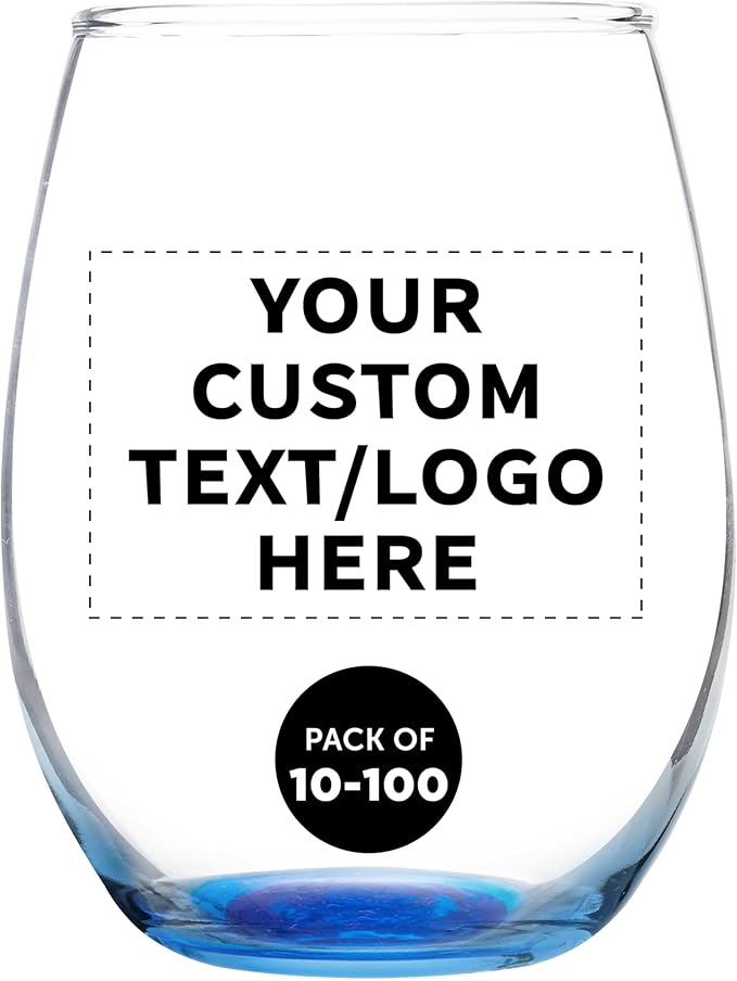 DISCOUNT PROMOS Custom Stemless Wine Glass 9 oz. Set of 10/50/100, Personalized Bulk Pack - Great for Wedding Favors, Bachelorette Party Decorations, Party Favors - Blue