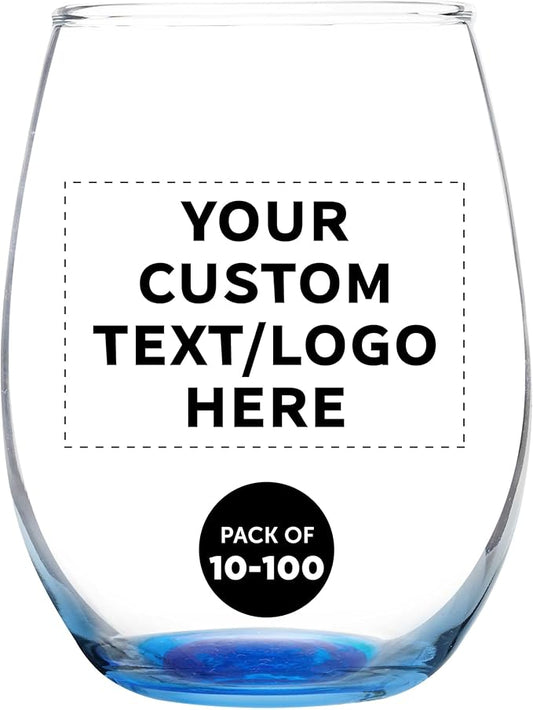 DISCOUNT PROMOS Custom Stemless Wine Glass 9 oz. Set of 10/50/100, Personalized Bulk Pack - Great for Wedding Favors, Bachelorette Party Decorations, Party Favors - Blue