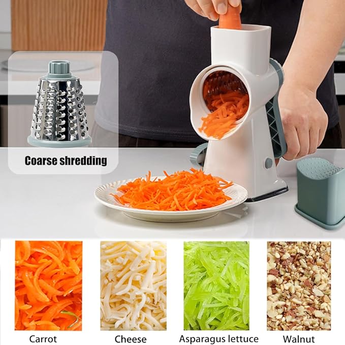 Rotary Cheese Grater Shredder with Handle Handheld Round Mandoline Vegetable Slicer Carrot Shredder Nut Grinder with 3 Replaceable Stainless Steel Drum Blades and Upgrade Strong Suction, White/Cyan