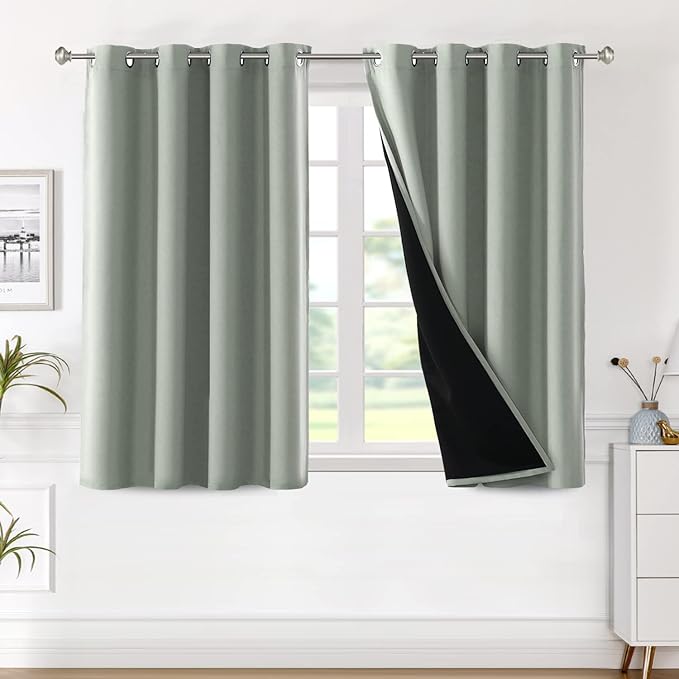 H.VERSAILTEX 100% Blackout Curtain Panels 45 Inches Long Thermal Insulated Blackout Lined Curtains for Bedroom Two Layers Full Light Blocking Drapes for Living Room, 2 Panels, Sage