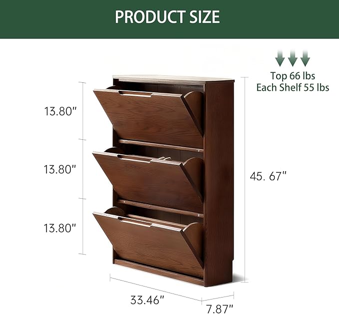 Oak Shoe Cabinet with 3 Flip Drawers, Solid Wood Shoe Storage Cabinet, Narrow Shoe Organizer for Entryway, 7.9" x 33.5" x 45.7", Oak Wood, Walnut