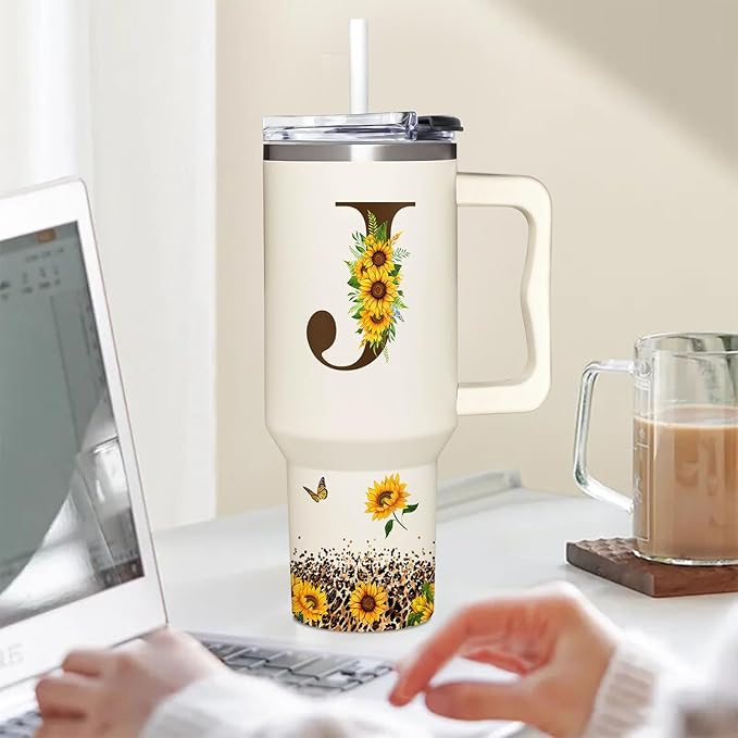Personalized Birthday Gifts For Women - Sunflowers Monogrammed Cup For Boss Day, Christmas - Customized Gifts For Women, Mom, Wife, Coworkers, Boss Lady, Her - Custom Tumbler With Handle 40oz