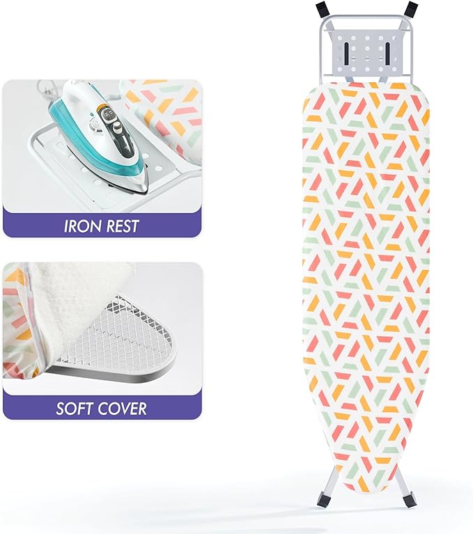 Ironing Board, Heat Resistant Cover Iron Board with Steam Rest, Non-Slip Foldable Ironing Stand. Heavy Sturdy Metal Frame Legs Iron Stand(13 * 34 * 53 Inches) (Geometric White)
