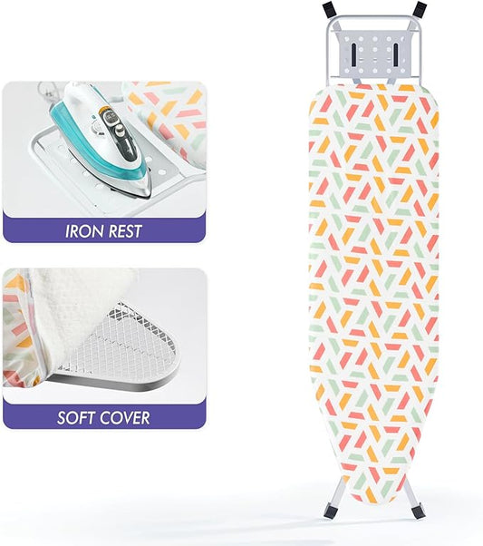 Ironing Board, Heat Resistant Cover Iron Board with Steam Rest, Non-Slip Foldable Ironing Stand. Heavy Sturdy Metal Frame Legs Iron Stand(13 * 34 * 53 Inches) (Geometric White)