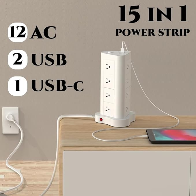 5ft Tower Shaped Flat 45° Plug with C Type 12 AC sockets Surge Protection Strip