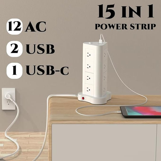 5ft Tower Shaped Flat 45° Plug with C Type 12 AC sockets Surge Protection Strip