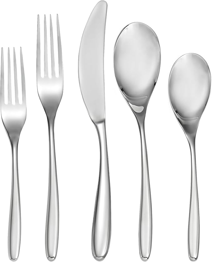 Nambé Bend 45-Piece Flatware Collection – Excellent Forged Stainless Steel Utensils with Graceful Curved Handles, Service for 8 with Hostess Set – Contemporary Tableware for Dining & Events