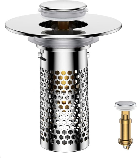 Bathroom Sink Drain Strainer,Pop-Up Sink Stopper Hair Catcher, Anti-Clog Stainless Steel Drain Filter Basket, Removable Sink Drain for Bathroom Sink Stopper Replacement (Silver-1)
