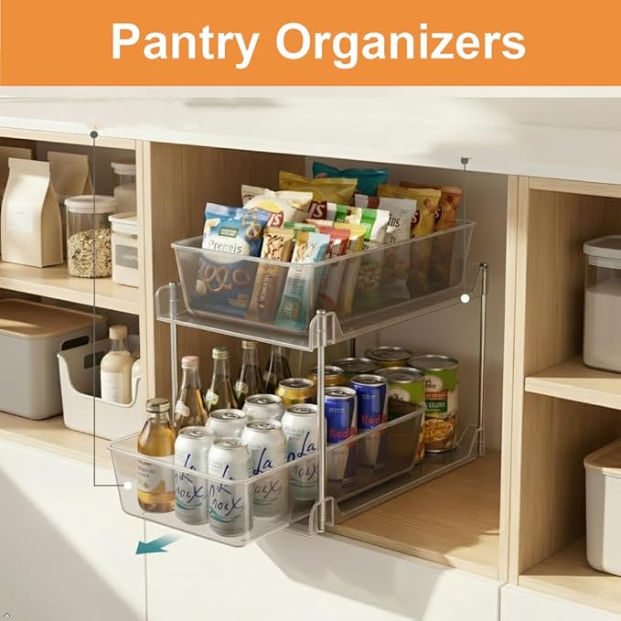 2 Pack Clear Under Sink Organizers, Pull Out Cabinet Organizer,2 Tier Bathroom Storage Organizer,Cabinet Drawers Organization Bins with Track for Kitchen,Pantry,Fridge,Vanity