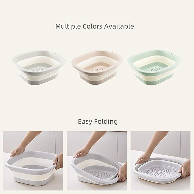 Collapsible Dish Basin with Colander, Foldable 2-in-1 Dish Pan and Strainer Set with Drain Holes, Portable Wash Basin for Kitchen Sink, Camping, Travel & RV (Grey)