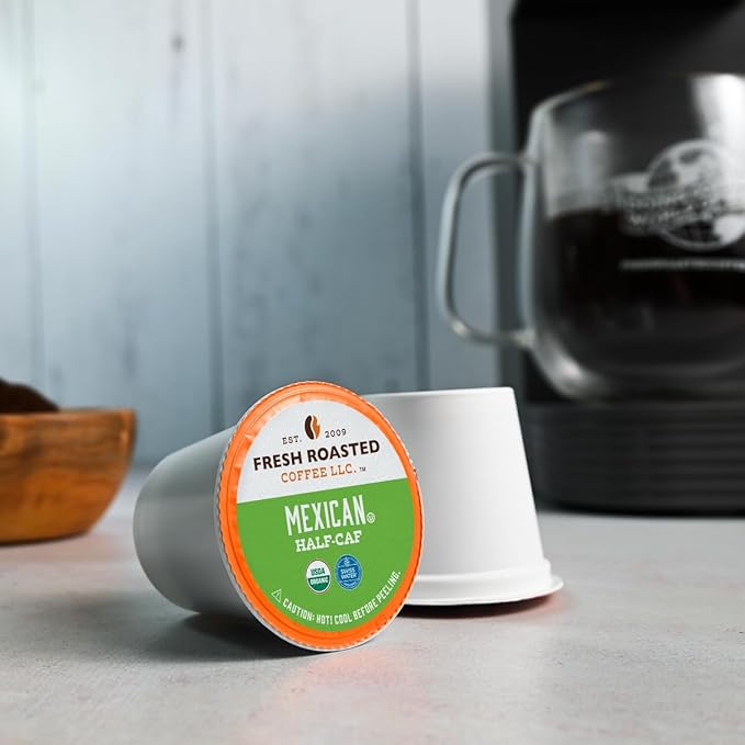 Fresh Roasted Coffee, Organic Mexican Water-Processed Half-Caf | USDA Organic, Kosher | Medium Roast 72 Pods for K Cup Brewers