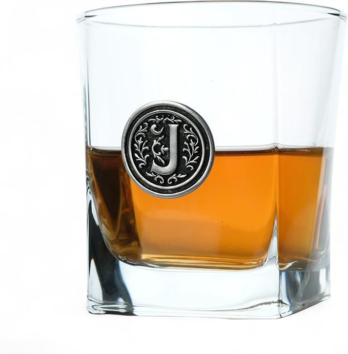 Personalized Whiskey Glass with Metal Initial – 10.5oz Premium Rocks Glass for Bourbon Scotch – Custom Engraved Letter Gift for Men Dad Groomsmen