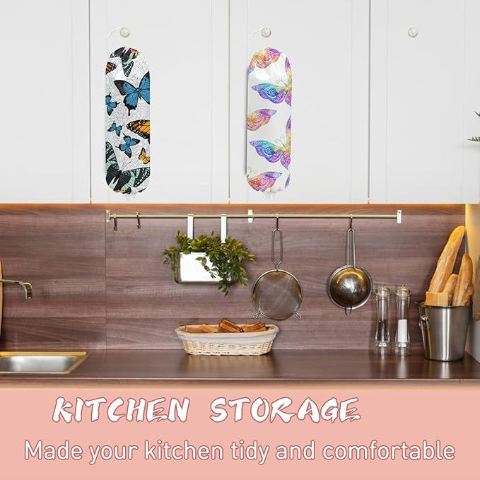2PCS Butterfly Plastic Bag Holder, Wall Mount Grocery Bag Holder for Storage bag, Washable Storage Organizer Reusable Grocery Bags, Pull Rope Free Adjustment, Butterfly Gifts for Women Mom Sister