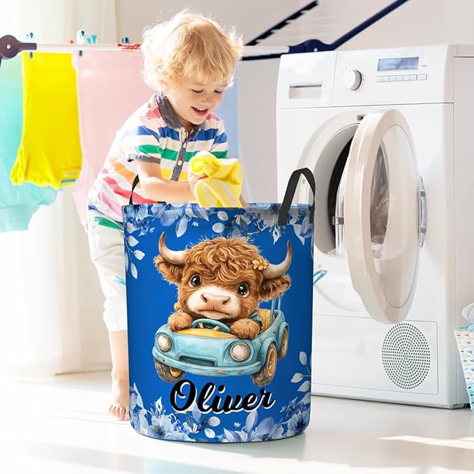 callie Personalized Highland Cow Laundry Basket for Kids Girls, Waterproof Collapsible Laundry Hamper, Clothes Toys Storage Bin for Bedroom (13.8" x 16.5", 15.7" x 19.6")