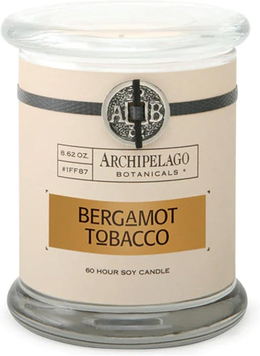 Archipelago Botanicals Scented Candle Hand-Poured Premium Wax, Burns Approx. 60 Hours, Bergamot Tobacco, Soy Candle in Glass Jar, 4.5 Inch, 8.6 oz