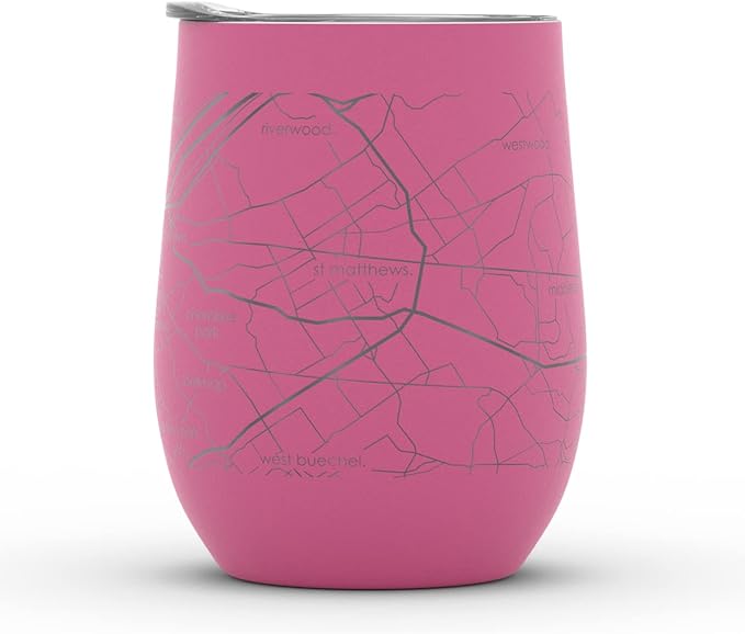 Well Told Engraved Louisville Kentucky Map Insulated Wine Tumbler, Etched Stainless Steel Cup (12 oz, Sunset Pink) City Map Insulated Tumbler, Custom Insulated Tumbler, Outdoor Drinkware
