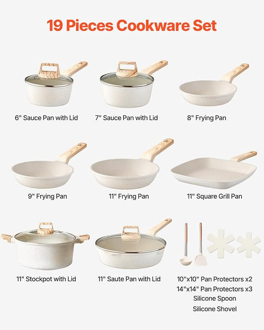 VEVOR 19 Piece Pots and Pans Set Nonstick, Granite Cookware Set, Induction Cookwares, Kitchen RV Cooking Sets with Frying, Sauce, Saute, Tempered Glass Lids, and Pan Protectors, White