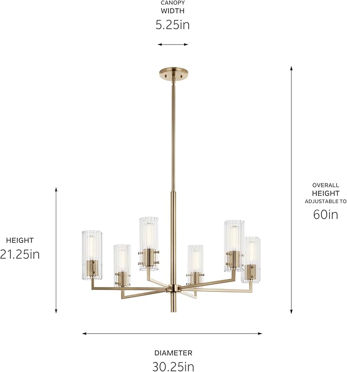 KICHLER Velestino 30.25" 6 Light Chandelier in Champagne Bronze, for Foyer, Dining Room, Living Room, Bedroom, (21.25" x 30.25") 52679CPZ
