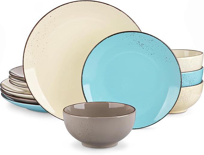 vancasso Navia Dinnerware Sets, Stoneware Plates and Bowls Sets, Dinner Salad Dessert Plates and Cereal Bowls Set, Dishes Set for 4, Spray Spot Patterned, Multi-Color