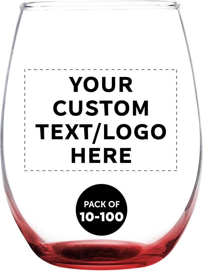 DISCOUNT PROMOS Custom Stemless Wine Glass 9 oz. Set of 10/50/100, Personalized Bulk Pack - Great for Wedding Favors, Bachelorette Party Decorations, Party Favors - Red
