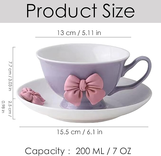 Bow Coffee Mug 200 ML Violet Ceramic Cute Porcelain Coffee Tea Cup Bow Coffee Cup Cute mug Coquette Coffee Mug for Women Girl