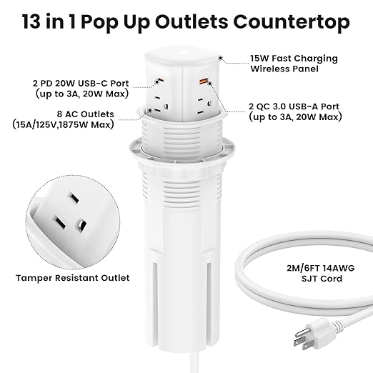 VILONG Pop Up Countertop Outlet with 15W Wireless Charger,4 USB Ports,8 Outlets,Space-Saving Concealed Design,Pop up Outlet for Conference Table,Kitchen Countertop (ETL Listed)