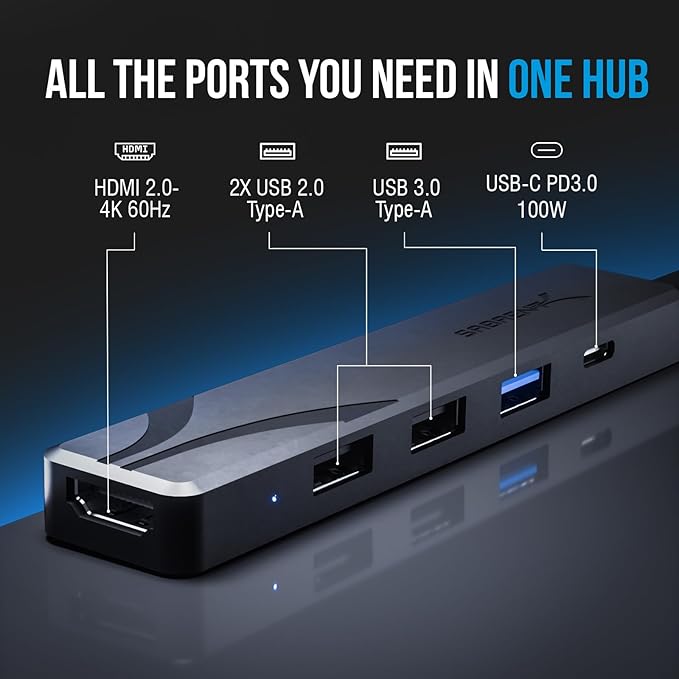 SABRENT USB-C Hub 5-in-1 with 4K HDMI, 100W PD Charging (Input Only), 1x USB 3.0, 2X USB 2.0 – No Data on USB-C Port – Compatible with MacBook, Windows, Linux (HB-TC5P)