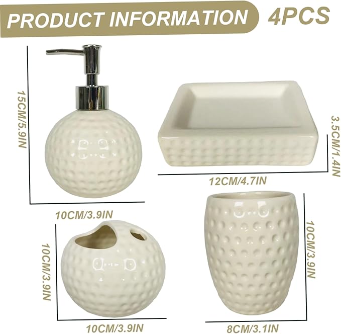 4Pcs White Bathroom Accessories Set Engraved Soap Dispenser with Toothbrush Holder & Tumbler & Soap Dish Ceramic Bathroom Accessories Set for Home Hotel