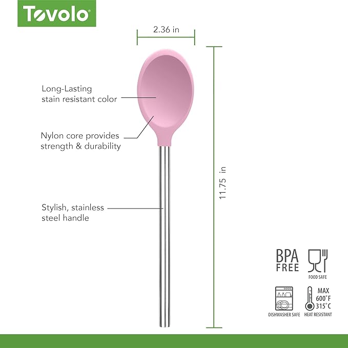 Tovolo Silicone Mixing Spoon with Stainless Steel Handle Pink Sorbet, Dishwasher Safe Heat Resistant Scratch Resistant Silicone Stirring Cooking Spoon for Nonstick Cookware Kitchen Utensils