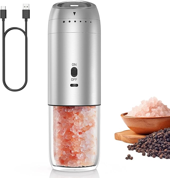 Gravity Electric Salt and Pepper Grinder Set, Automatic Salt and Pepper Mill Sets with LED Light, Type C Charging, Adjustable Coarseness, Large Capacity(1 Pack/Stainless Steel)