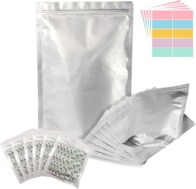 SHXWELL 50pcs 1 Quart Mylar Bags for Food Storage with Oxygen Absorbers 200CC (6 Packs of 10pcs) and Labels, 10 Mil 7"x10" Zipper Pouches Resealable and Heat Sealable for Long Term Food Storage