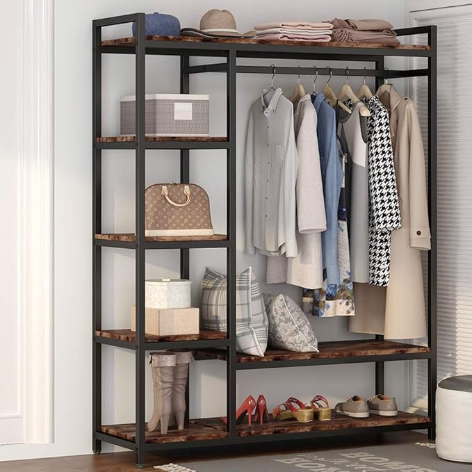 LITTLE TREE Free Standing Wood Closet Clothes Rack,Heavy Duty Grament Rack with Shelves,Hanging Racks for Clothes Clothing Rack for Bedrom,Wardrobe Closet Organizer,350 lb Capacity,Rustic
