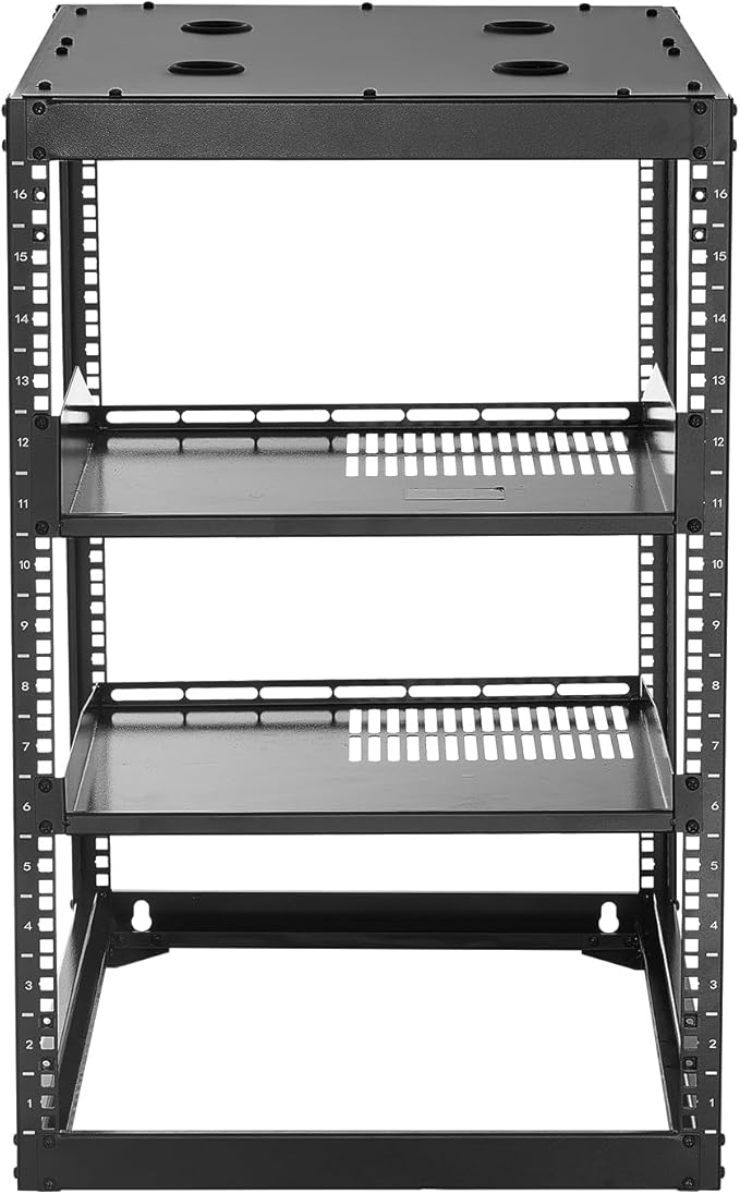 VEVOR 16U Open Frame Server Rack & Network Rack, Wall Mounted or Floor Standing, Heavy Duty 4 Post, with 2PCS Vented 1U Shelves & Mounting Hardware, Holds All 19'' Networking IT Equipment AV Gear