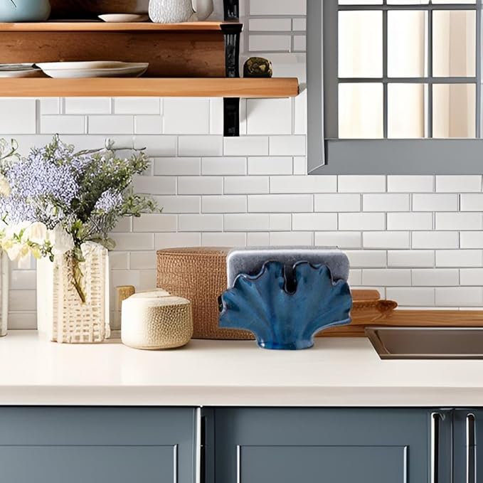 Ceramic Sponge Holder,Sponge Holder for Kitchen Sink,Compact Sink Caddy Organizer-Scouring Pad and Dish Sponge Holders,Farmhouse Kitchens Decor Cute Kitchen Gadgets Accessories(Blue)