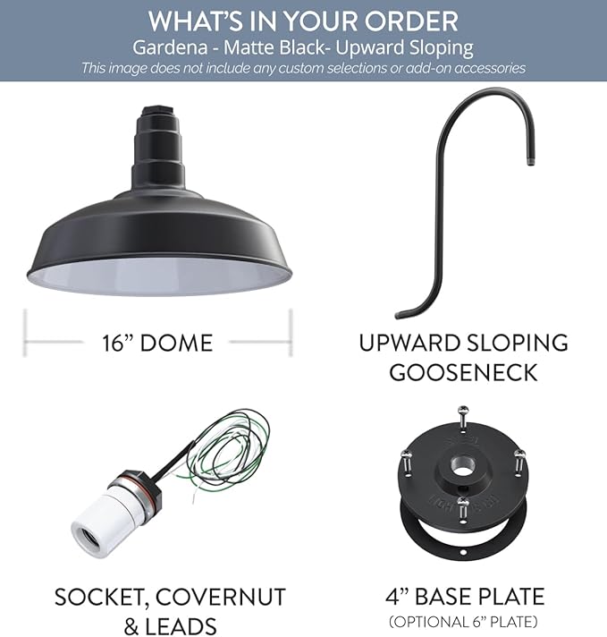 Steel Lighting Co. | Dusk to Dawn | Gardena Barn Light | Outdoor Wall Mounted | 16" Dome | Upslope Gooseneck | Farmhouse Light Made in America | Matte Black Exterior/White Interior