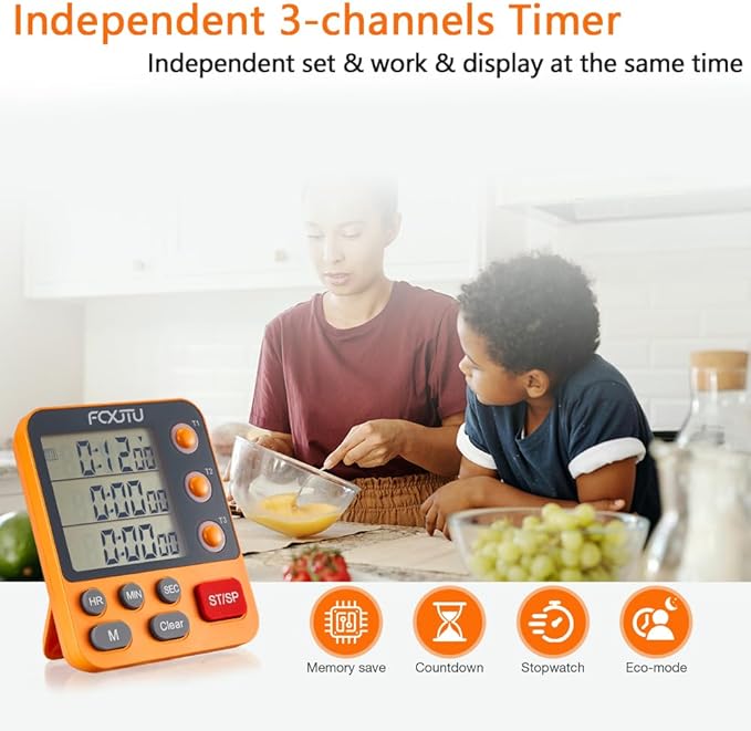 FCXJTU Digital Dual Triple Kitchen Timer, 3 Channels Magnetic Countdown Stopwatch Timer for Cooking, Loud Volume Large Display Multi Food Classroom Timer for Seniors & Teachers Battery Included (Blue)